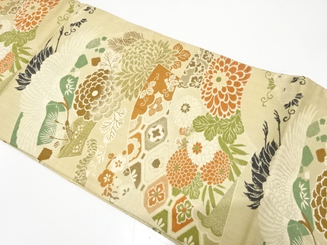 JAPANESE KIMONO / ANTIQUE MARU OBI / WOVEN FLORAL PLANTS